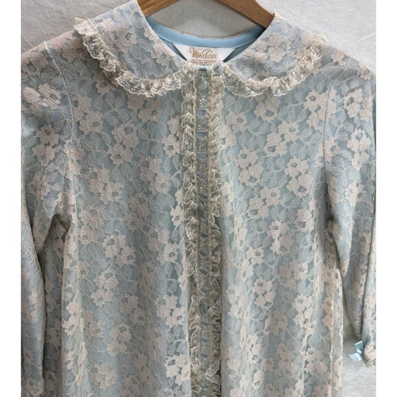 Vintage 1950's-60s Miss Elaine Women's Dressing Gown Blue with Cream Lace - Picture 9 of 12